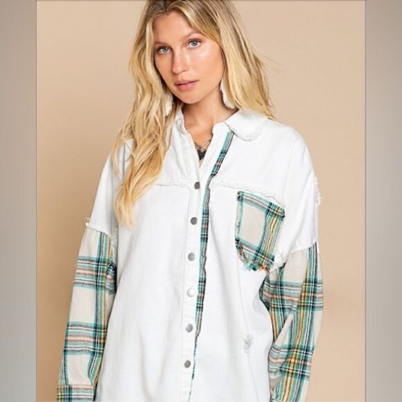 NWOT POL plaid stitched pocket ivory loose denim fall Shacket Sz L - Picture 1 of 6